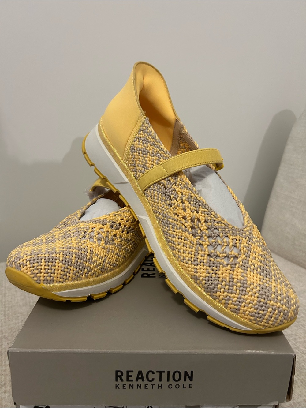 Ecco Yellow and Gray Knit Mary Jane Slip-On Sneakers